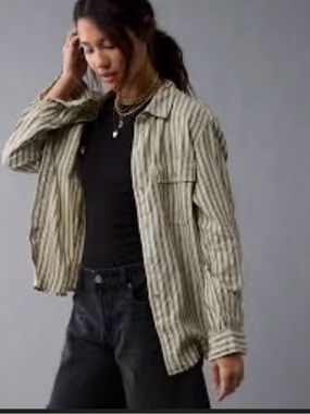 American Eagle Button-Up Linen in Beige with Black and Green Stripes